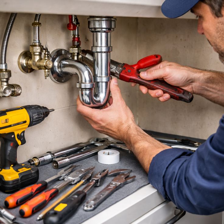 Plumbing crew installing pipework on a construction site